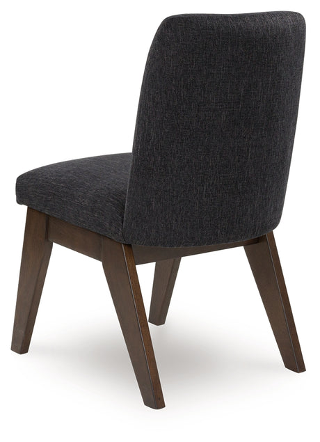 Rear view of Dilenno dining chair showing dark brown wood frame