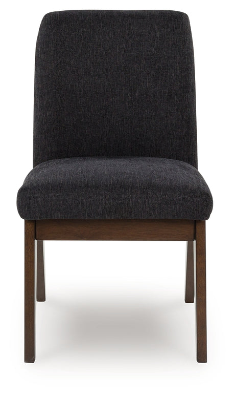 Dilenno dining chair front view showing upholstered chenille seat and back