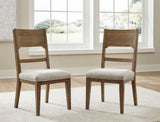 Back view of Cabalynn dining chair with wooden frame and fabric upholstery
