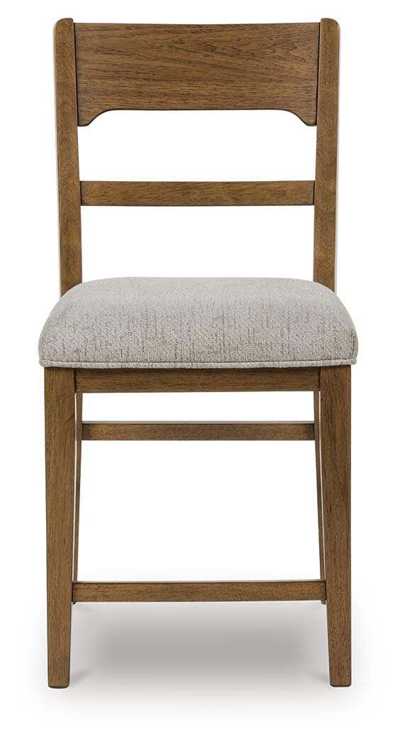 Cabalynn counter height barstool in oatmeal fabric and light brown wood finish