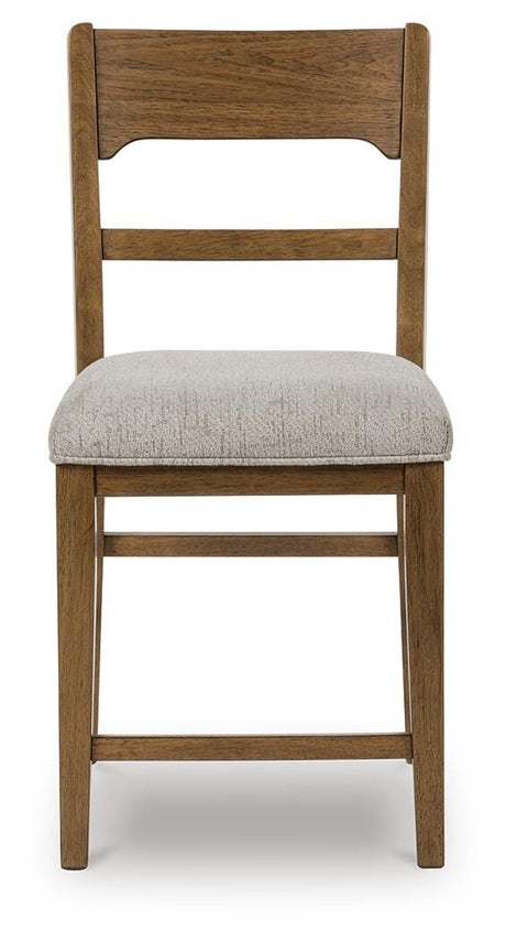 Cabalynn counter height barstool in oatmeal fabric and light brown wood finish