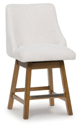 Cabalynn counter height barstool in oatmeal fabric and light brown wood finish