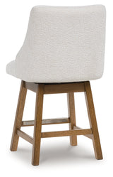 Cabalynn counter height barstool in oatmeal fabric and light brown wood finish