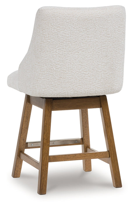 Cabalynn counter height barstool in oatmeal fabric and light brown wood finish