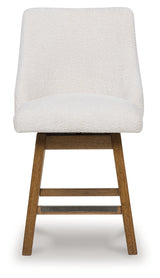 Cabalynn counter height barstool in oatmeal fabric and light brown wood finish