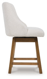 Cabalynn counter height barstool in oatmeal fabric and light brown wood finish