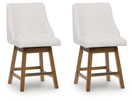 Cabalynn counter height barstool in oatmeal fabric and light brown wood finish