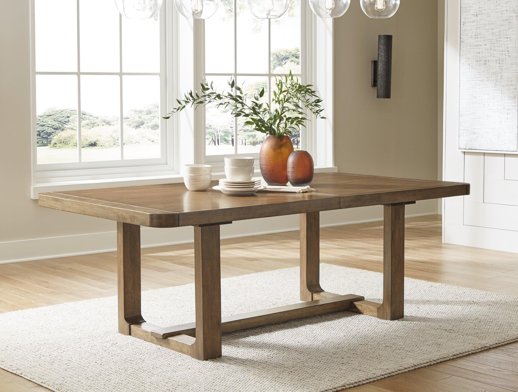Cabalynn Light Brown Dining Extension Table base trestle detail