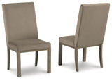 Side angle of Chrestner Gray Brown Dining Chair showing sloped arms