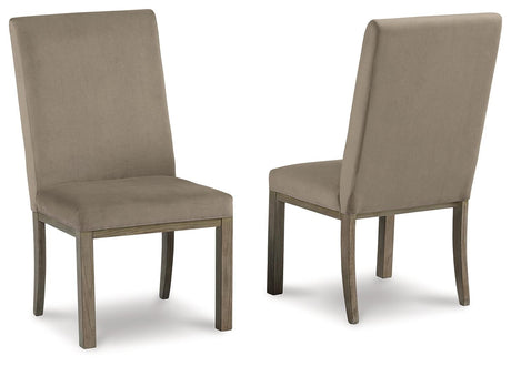 Side angle of Chrestner Gray Brown Dining Chair showing sloped arms