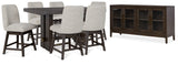 Close-up detail of dark brown wood grain finish on counter height dining table