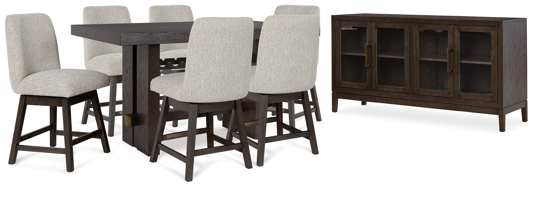 Close-up detail of dark brown wood grain finish on counter height dining table