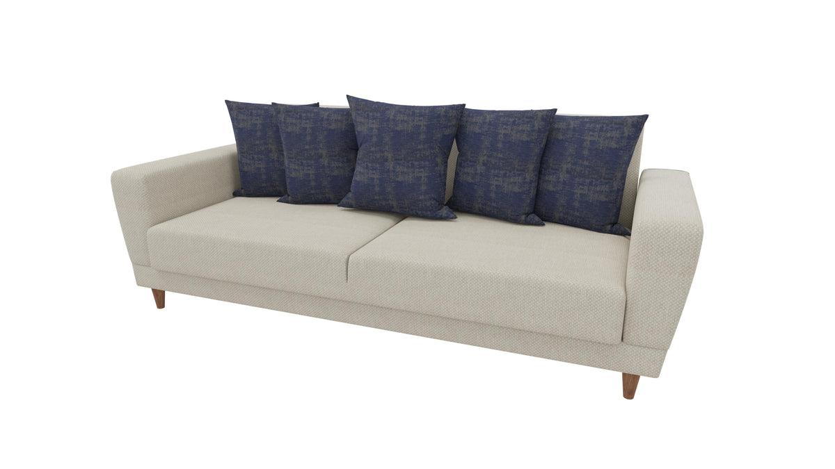 Dolce cream and blue 3-seater sofa bed side view with pillows