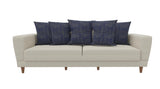 Dolce cream and blue 3-seater sofa bed angled view with blue pillows