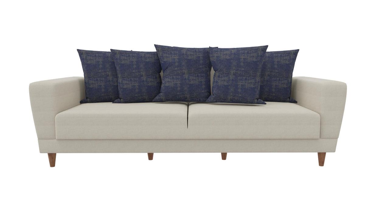 Dolce cream and blue 3-seater sofa bed angled view with blue pillows