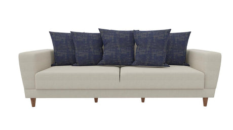 Dolce cream and blue 3-seater sofa bed angled view with blue pillows