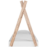 Piperton Twin Tent Bed showing matte white and sugarberry wood grain finish