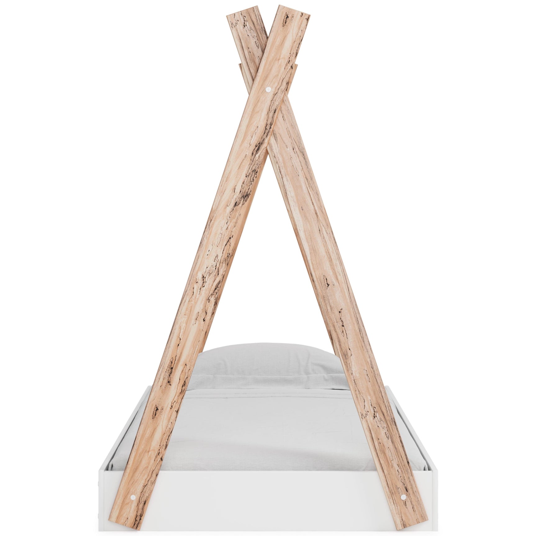 Piperton Twin Tent Bed showing matte white and sugarberry wood grain finish