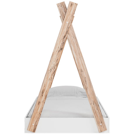 Piperton Twin Tent Bed showing matte white and sugarberry wood grain finish