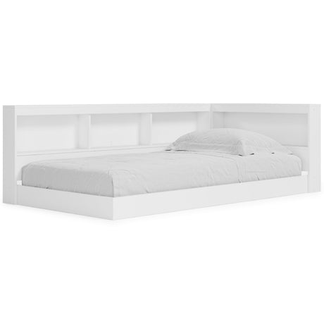 Piperton White Twin Bookcase Storage Bed close-up of headboard and shelves