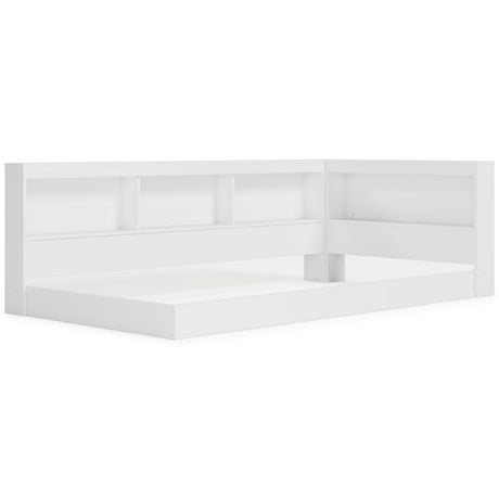 Piperton White Twin Bookcase Storage Bed side view showing bookcase and drawers