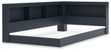 Simmenfort bed headboard close up angle showing navy finish and shelving