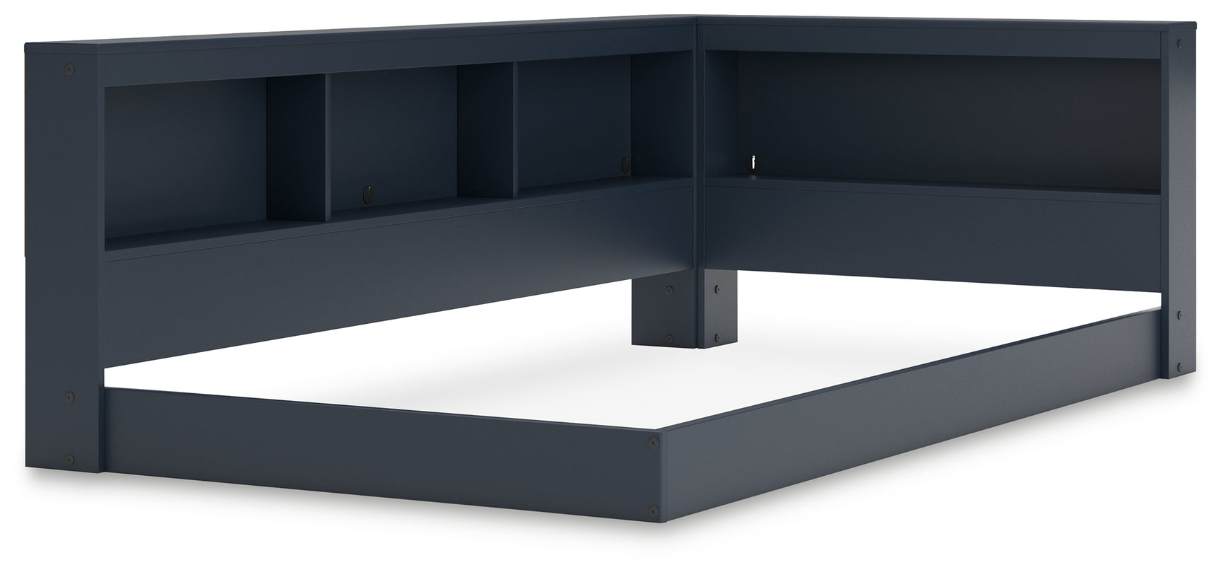Simmenfort bed headboard close up angle showing navy finish and shelving