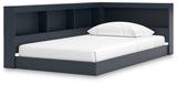 Simmenfort bed angled side view showing bookcase storage