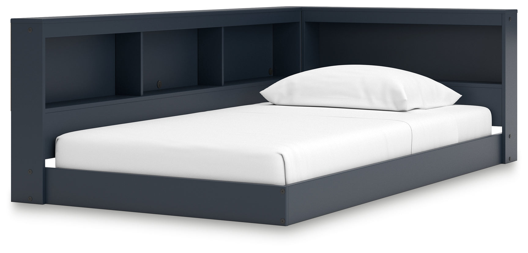 Simmenfort bed angled side view showing bookcase storage
