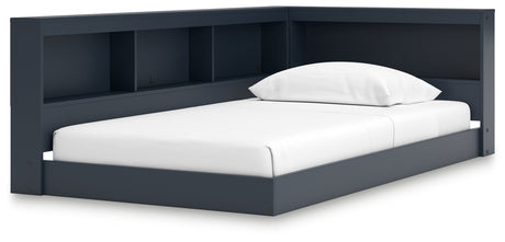 Simmenfort bed angled side view showing bookcase storage