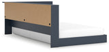 Side view of Simmenfort navy blue twin bed with storage bookcase