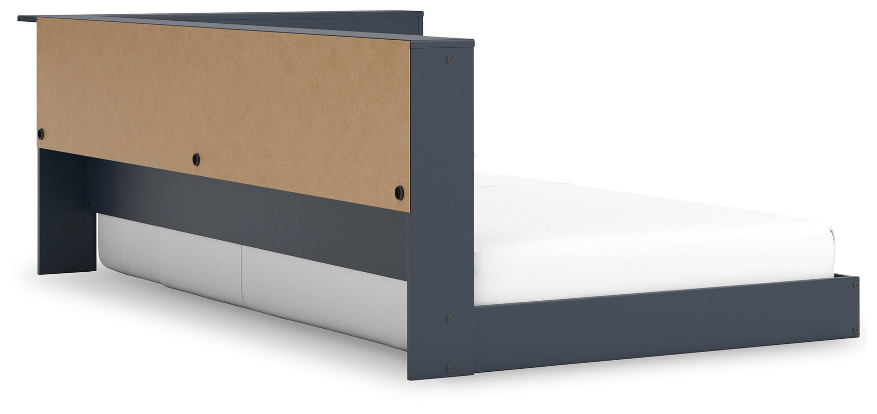 Side view of Simmenfort navy blue twin bed with storage bookcase