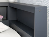Detail close-up of navy blue finish and USB ports on Simmenfort bed