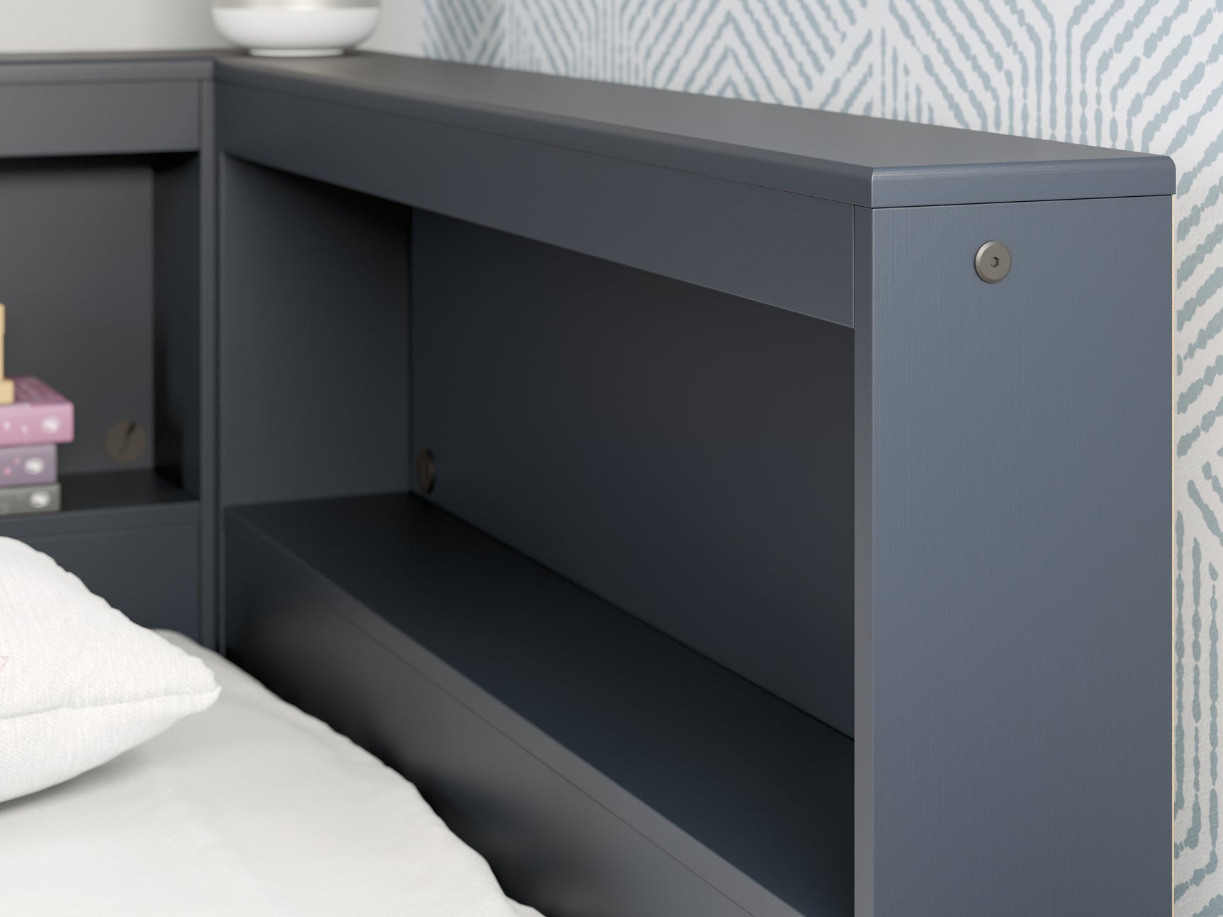 Detail close-up of navy blue finish and USB ports on Simmenfort bed