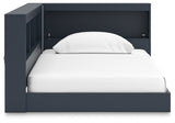 Front head-on view of the Simmenfort navy blue twin bed with storage