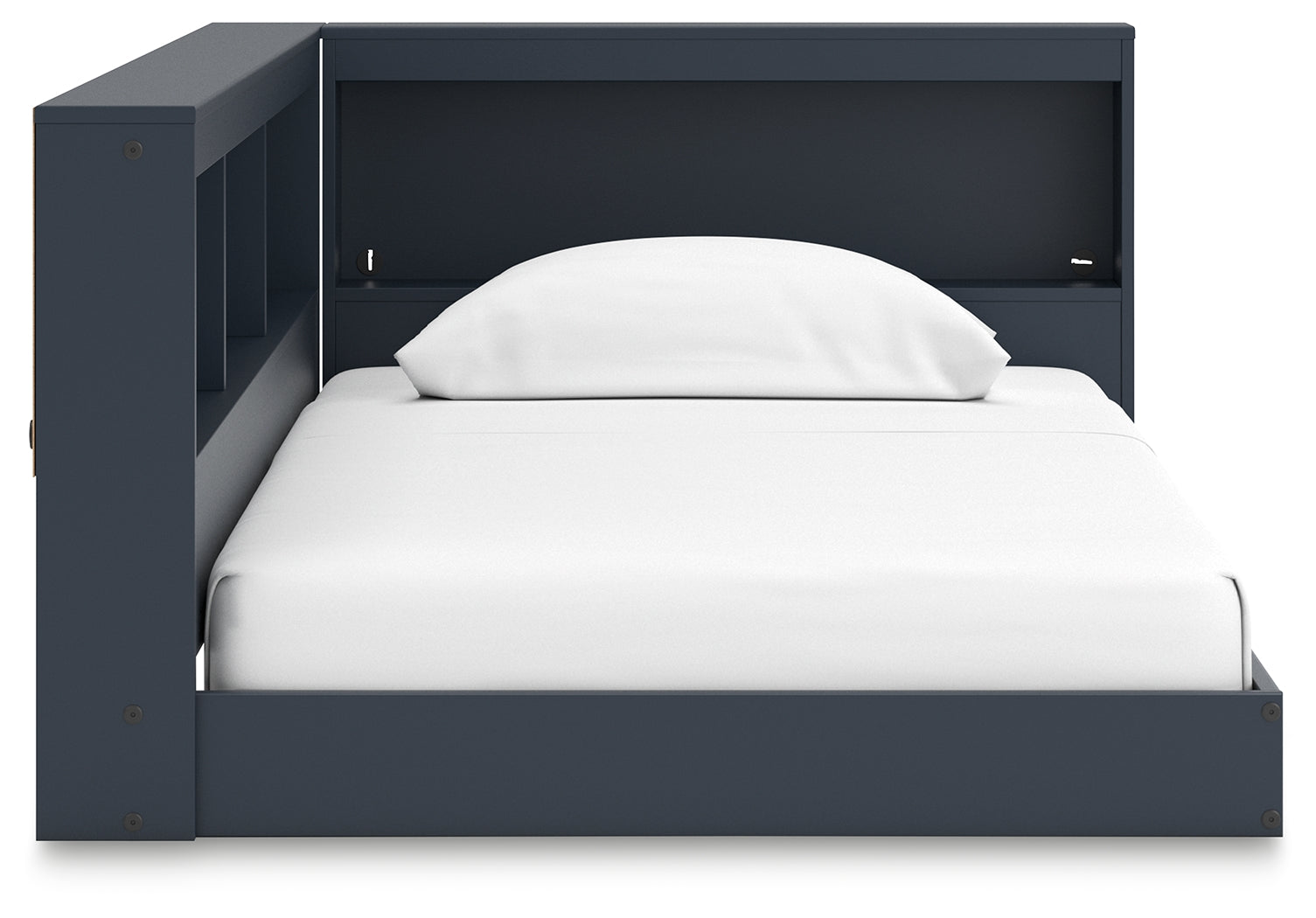 Front head-on view of the Simmenfort navy blue twin bed with storage