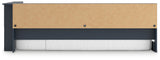 Side profile of Simmenfort navy blue twin bookcase storage bed