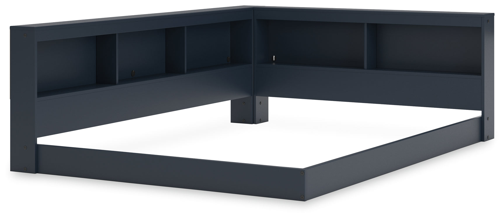 Simmenfort full navy blue bed angled headboard detail