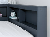 Simmenfort navy blue full bed close-up of bookcase storage