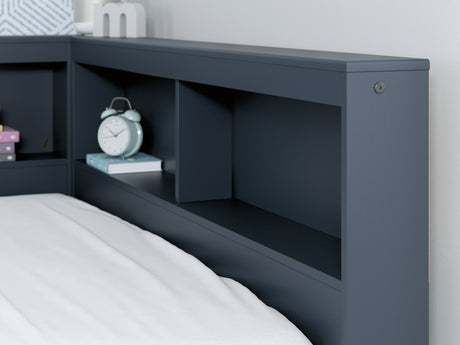 Simmenfort navy blue full bed close-up of bookcase storage