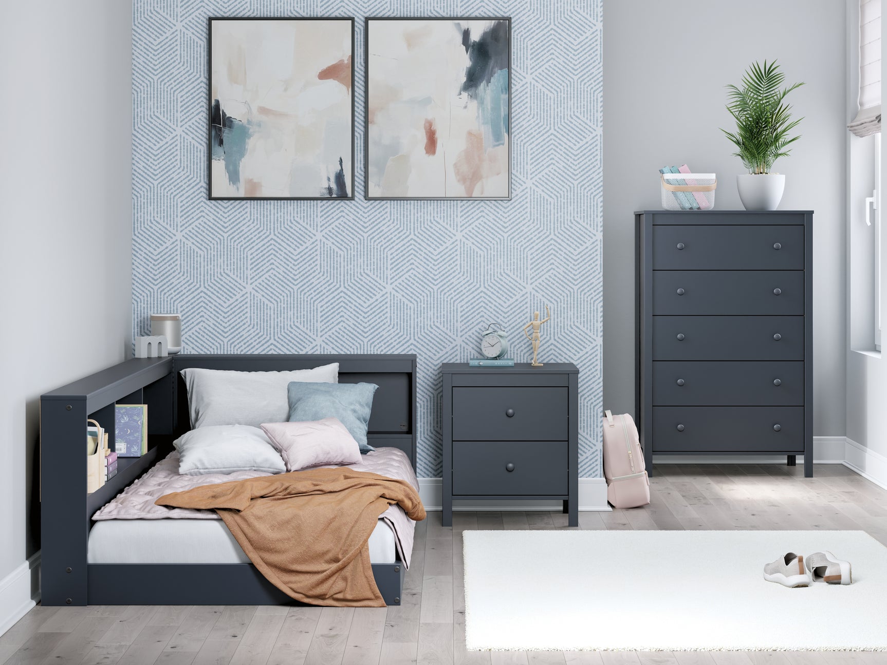 Simmenfort Navy Blue Twin Bookcase Storage Bed in room setting