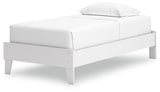 Hallityn White Twin Platform Bed angled view showing frame details