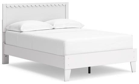 Hallityn full panel platform bed in white, angled side view