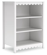Hallityn Bookcase side view highlighting matte white finish