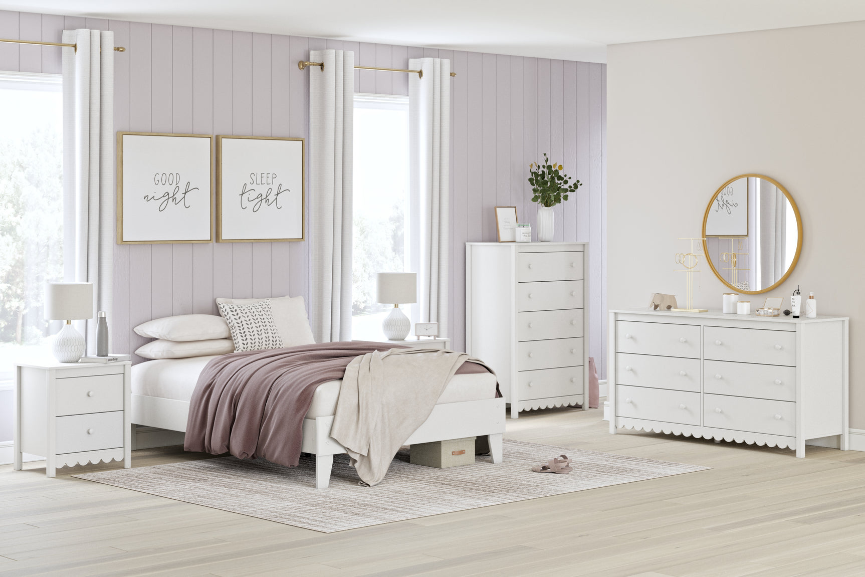 Hallityn Full White Platform Bed - styled in bedroom setting