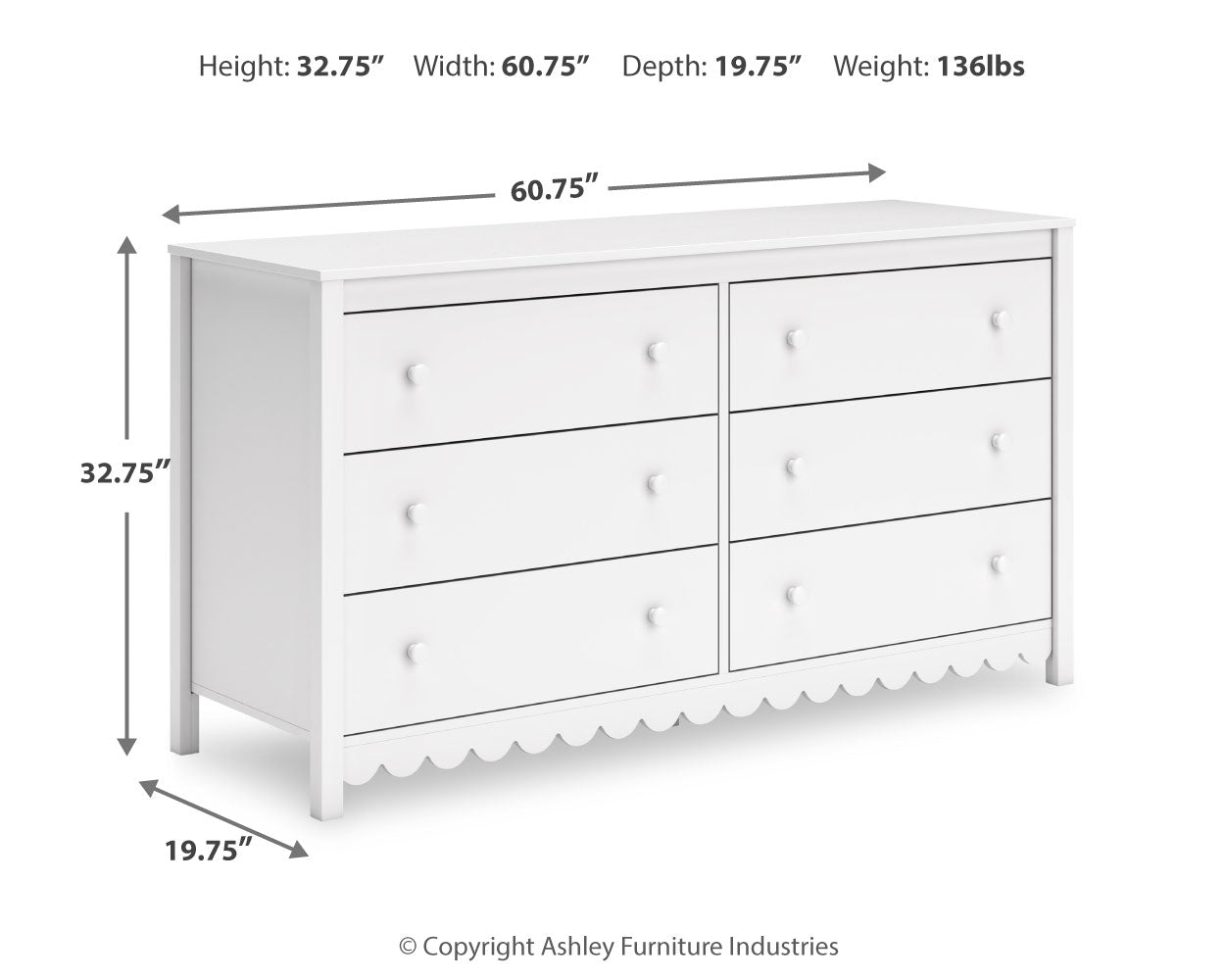 Hallityn White Dresser close-up of scalloped front design