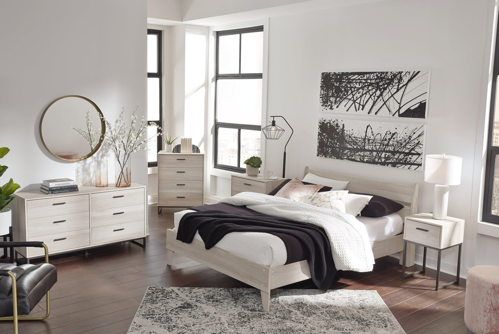 Socalle Natural Oak Queen Panel Platform Bed mood setting daytime