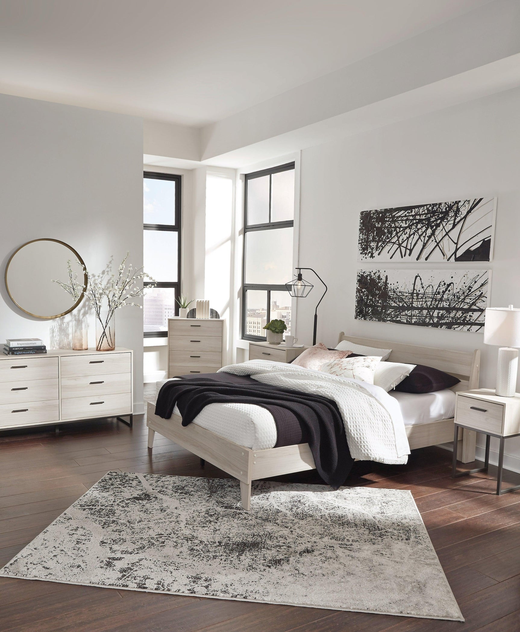 Socalle Natural Oak Queen Panel Platform Bed mood setting evening