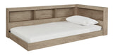Oliah Natural Twin Bookcase Storage Bed side angle showing storage cubbies