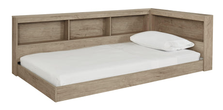 Oliah Natural Twin Bookcase Storage Bed side angle showing storage cubbies